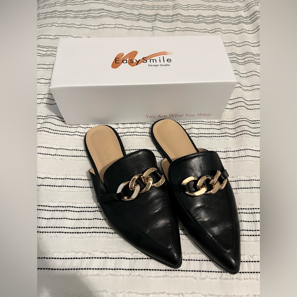 Amazon Black Mules with Gold Chain Detail